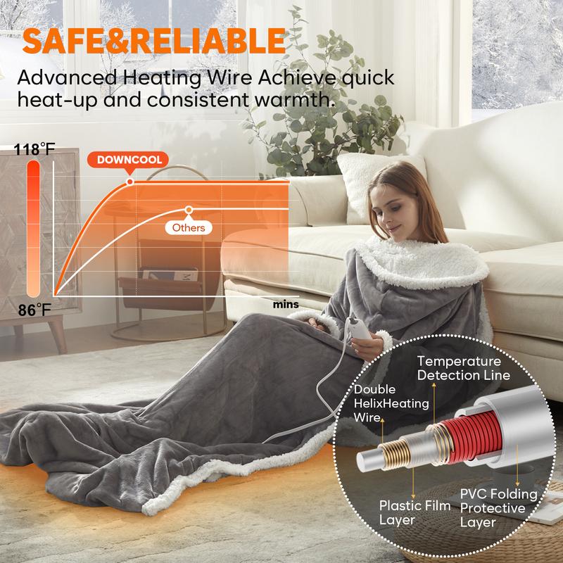 Ultra-Soft Wearable Heated Blanket – Sleeves, Hood & Foot Pockets | Adjustable Heat & Auto-Off